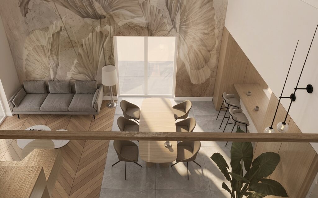 Projekt wnętrza – Projekt wnętrza domu 150m2 z antresolą – Tychy