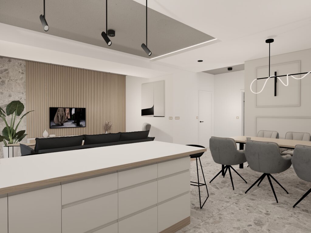 Projekt wnętrza – Nowoczesny salon z kuchnią – Lędziny – zdjęcie 3