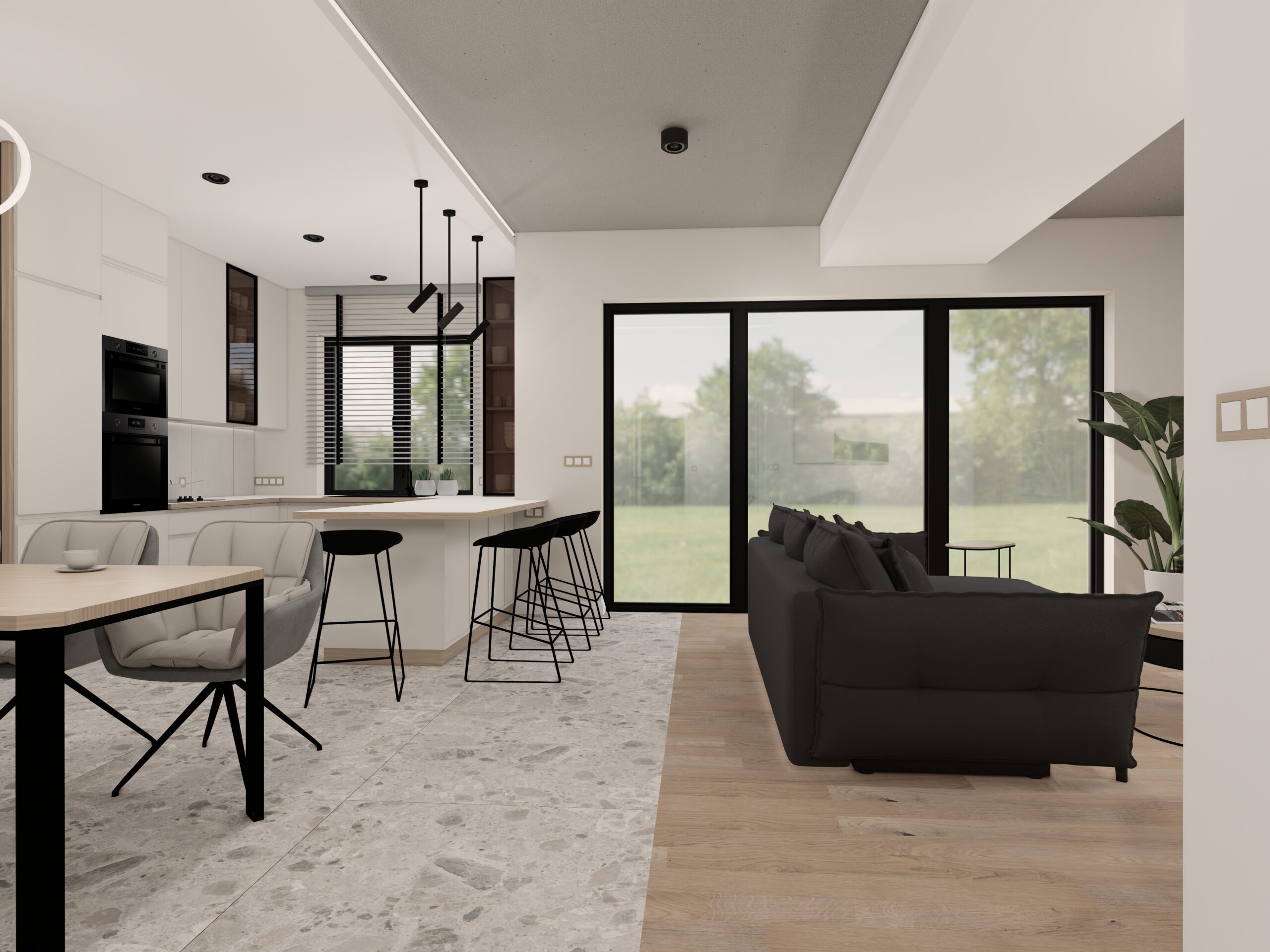 Projekt wnętrza – Nowoczesny salon z kuchnią – Lędziny