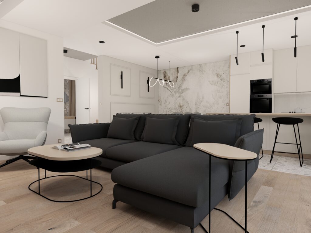 Projekt wnętrza – Nowoczesny salon z kuchnią – Lędziny – zdjęcie 2